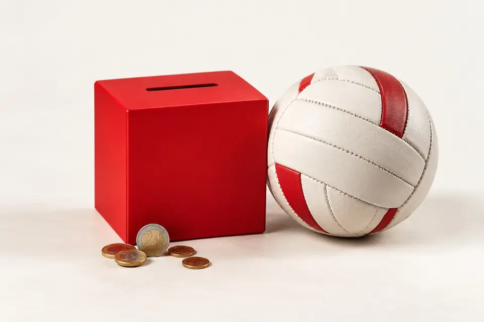 A red donation box, euro coins and a red and white Gaelic football on a cream background